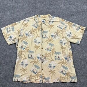 Island Blue Mens Hawaiian Shirt 4XLT Silk Blend Beige Palm Tree Tropical Aloha